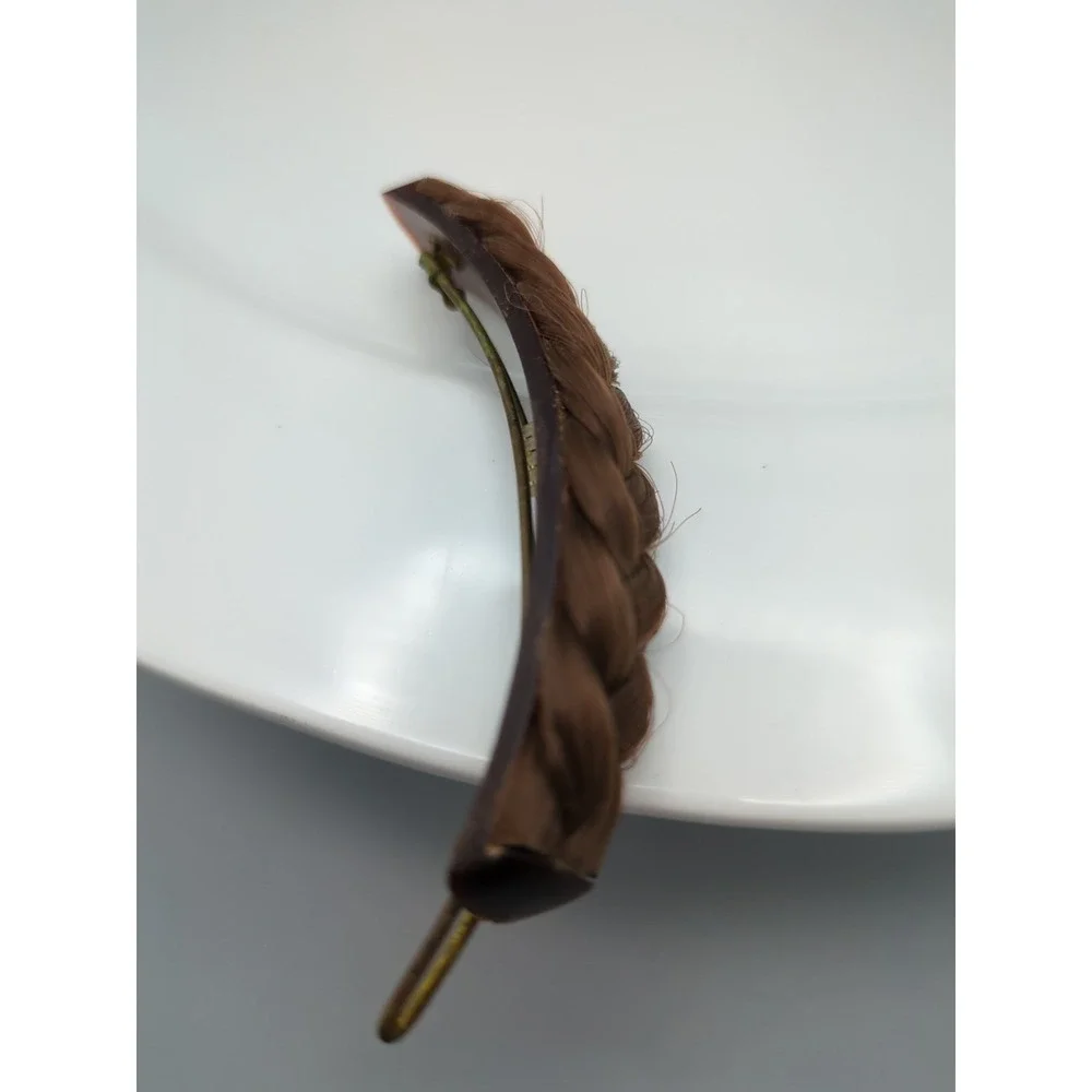 Vintage Metal & Celluloid Faux Hair Braid Barrette 3.5‎ in long Brunette Brown